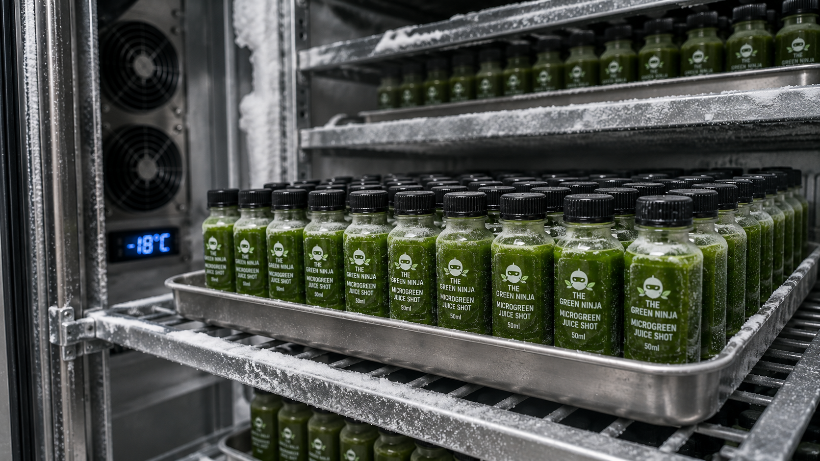A Green Ninja bottle frozen fresh after production