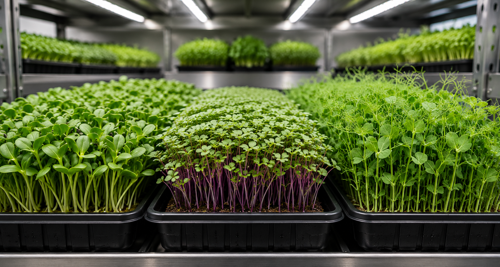 Fresh trays of broccoli, pea and sunflower microgreens