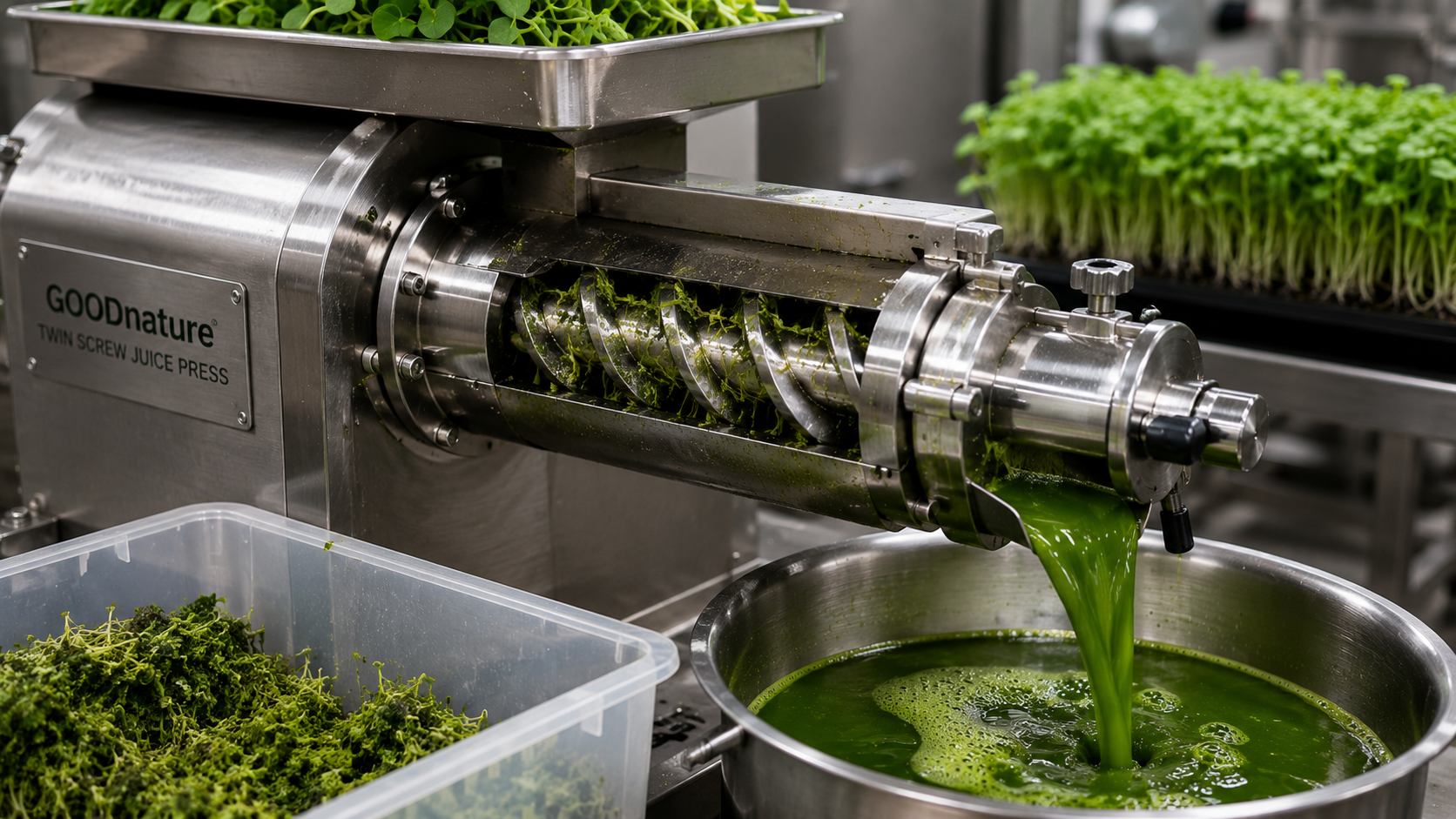 Fresh green microgreens used for cold pressing